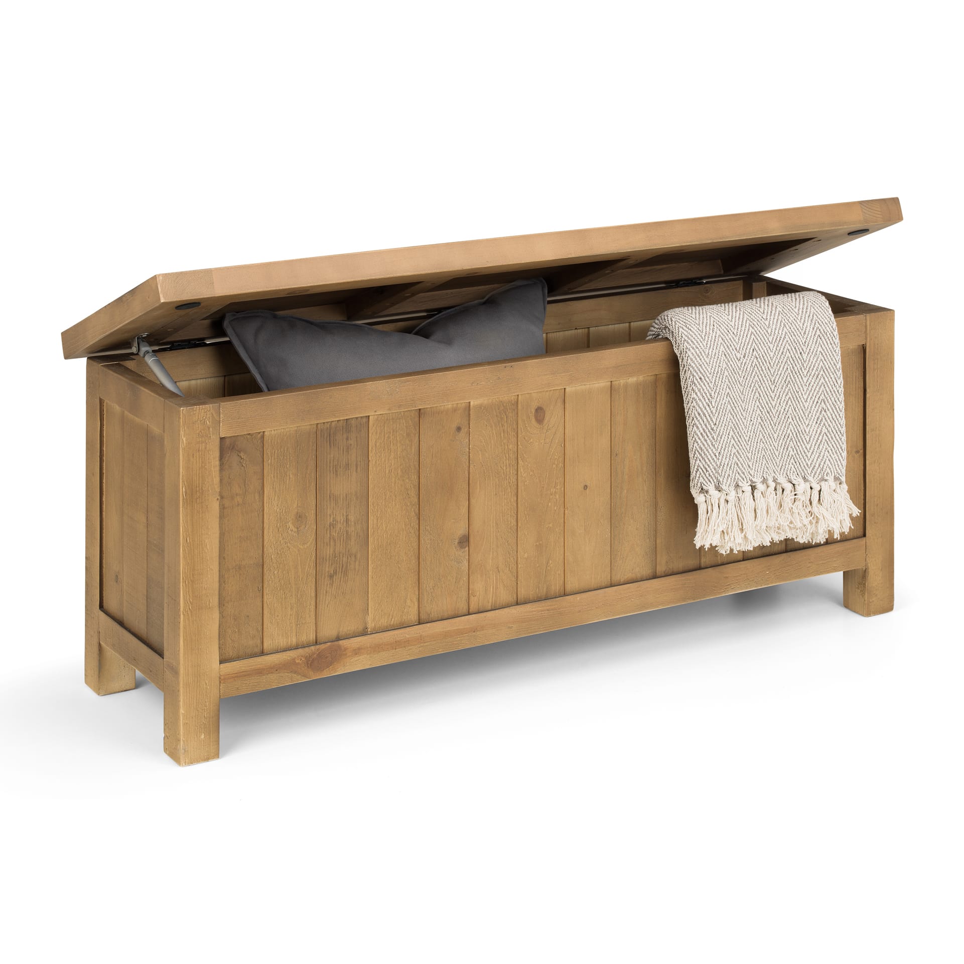 Storage bench is shown half open with props inside on white background without distractions