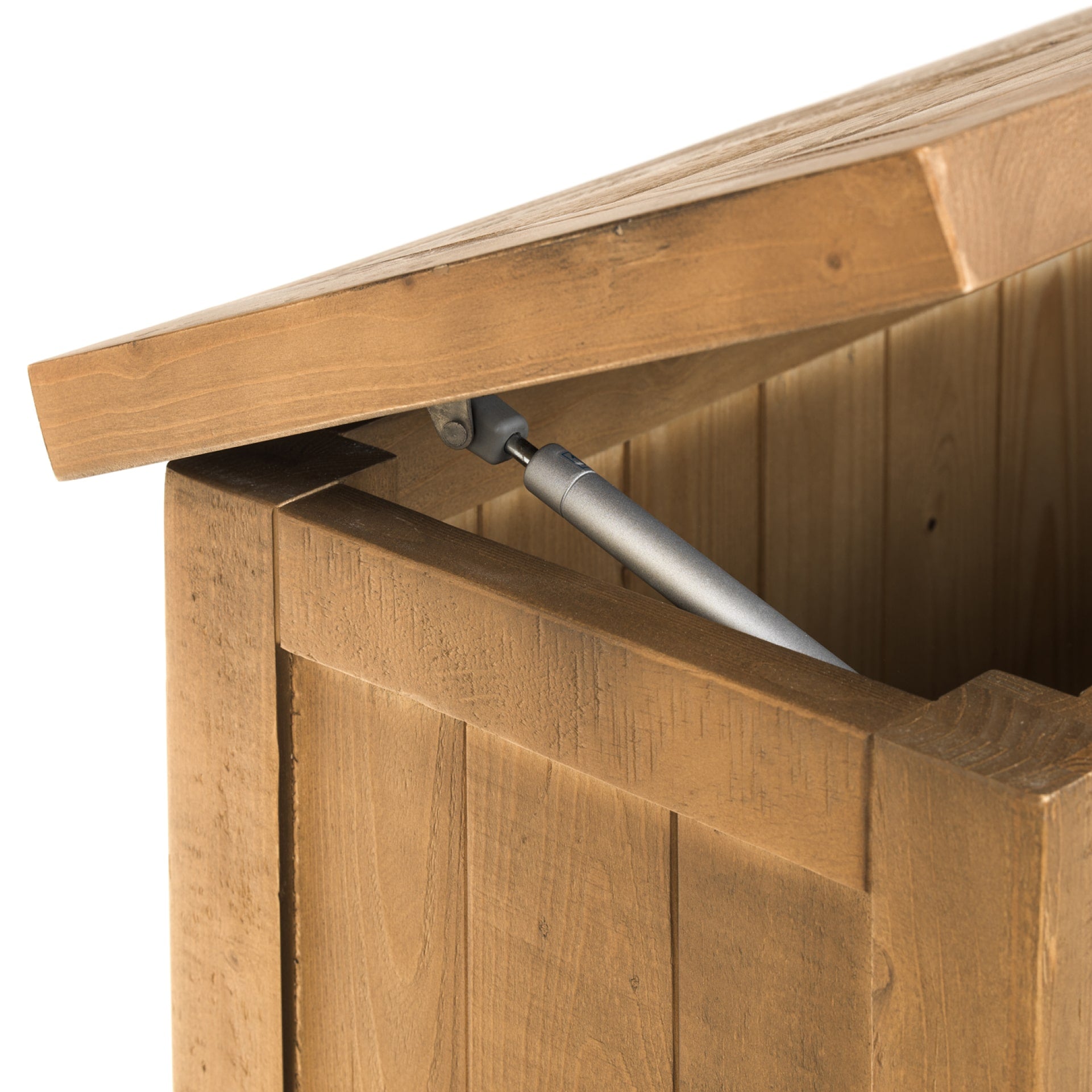 Soft closing piston system of the storage bench is shown close 