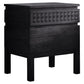 Bella Nera bedside table shown with all details in its beautiful matt black charcoal finish, blind fretwork on the top drawer and mosaic veneers from mixed woods shimmering in the light. 