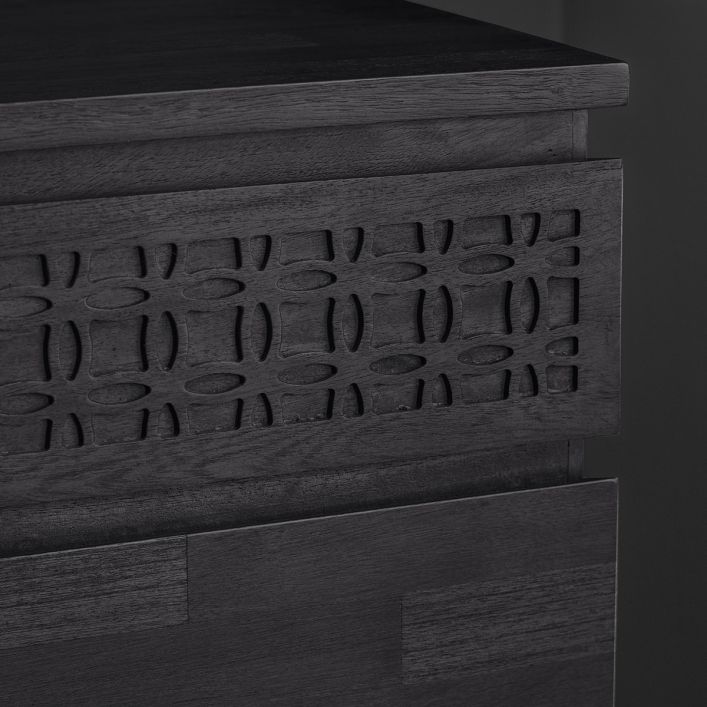 Zoomed look at blind fretwork on top drawer, surfaces of other drawers and the edges.