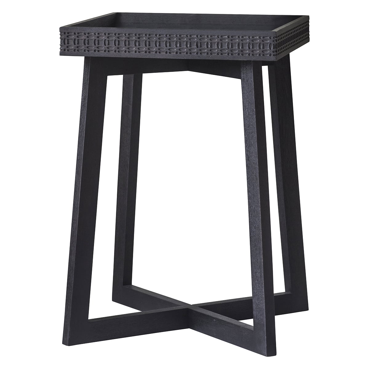 Product picture of the side table with blind fretwork on sides of the tray-like table top and cross legged base in black