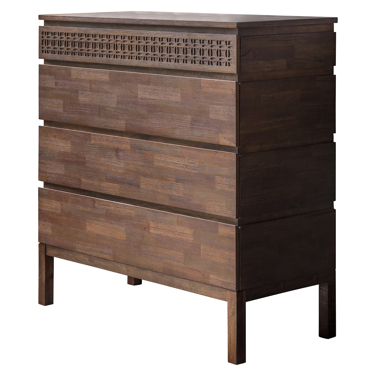 Product picture of the 4 drawer chest showing the beautiful wood work on the top drawer and mosaic of veneers on other drawers. 