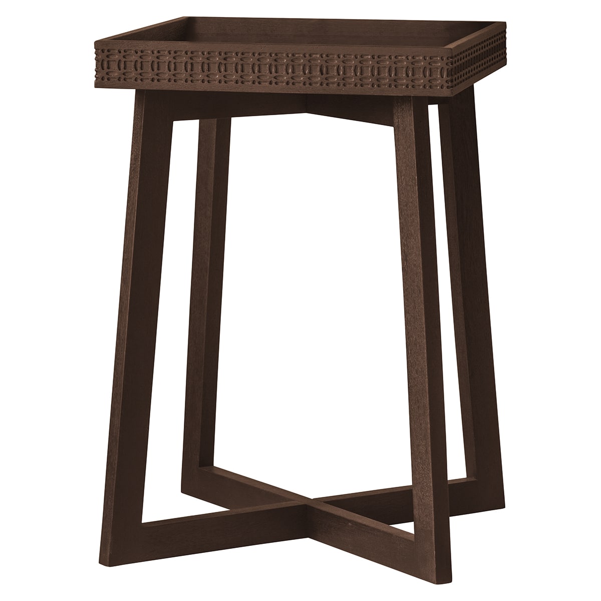 Product picture of the side table with blind fretwork on sides of the tray-like table top and cross legged base in brown