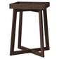 Product picture of the side table with blind fretwork on sides of the tray-like table top and cross legged base in brown