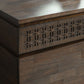 Zoomed view on the top sideboard surface, cupboard doors and blind fret work on the drawers of the 2 drawer 3 door sideboard
