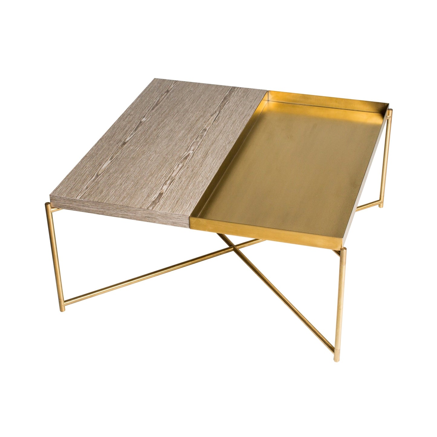 Iris Square Top Coffee Table - Weathered Oak & Brass Trays, Brass Frame