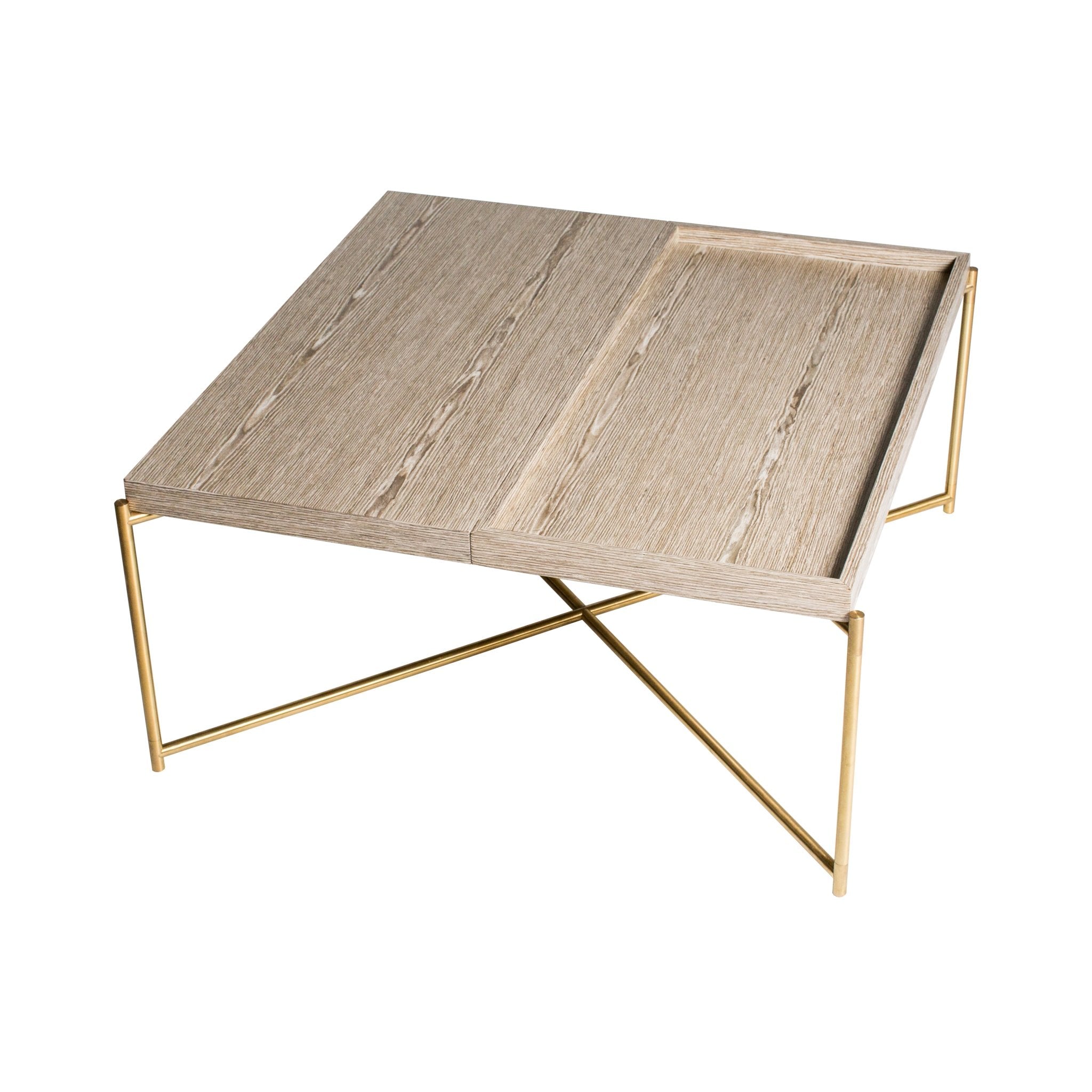 Iris Square Top Coffee Table - Weathered Oak Tray & Brass Frame
