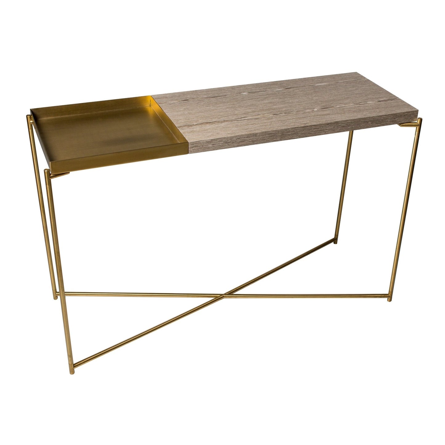 Iris Large Console Table - Large Weathered Oak Top & Small Brass Tray, Brass Frame