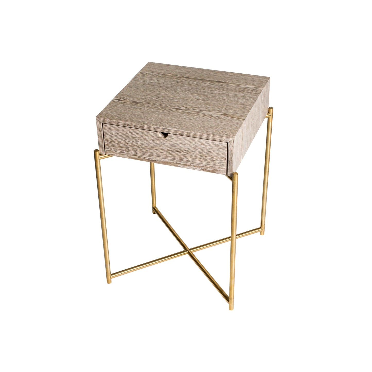 Iris Square Side Table With Drawer - Weathered Oak Drawer Top & Brass Frame
