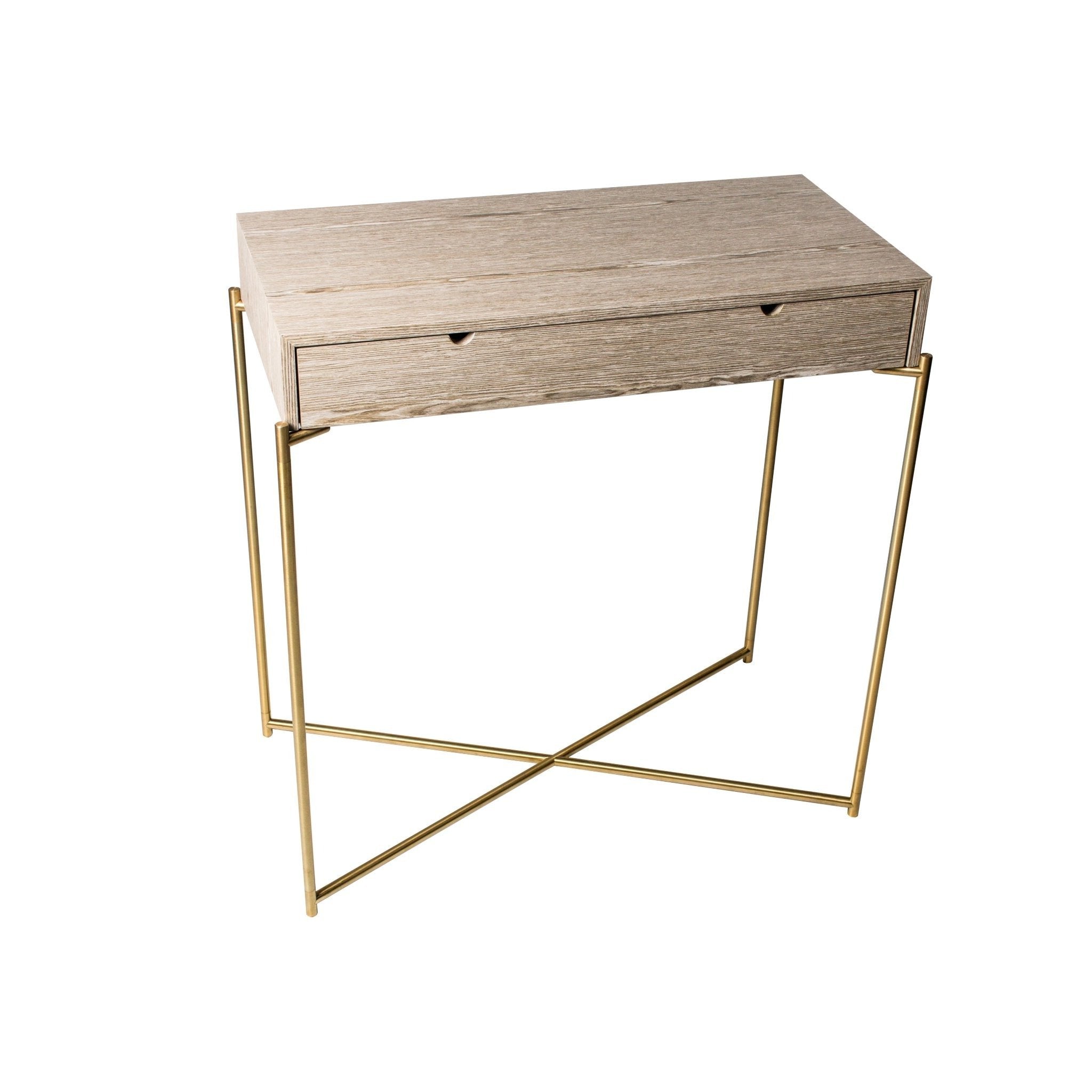 Iris Small Weathered Oak Console Table With Drawer & Brass Frame