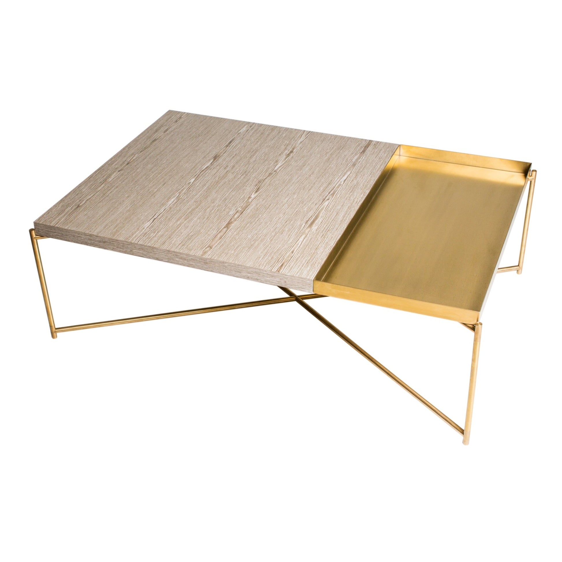 Iris Rectangular Coffee Table - Weathered Oak & Brass Tray, Brass Frame