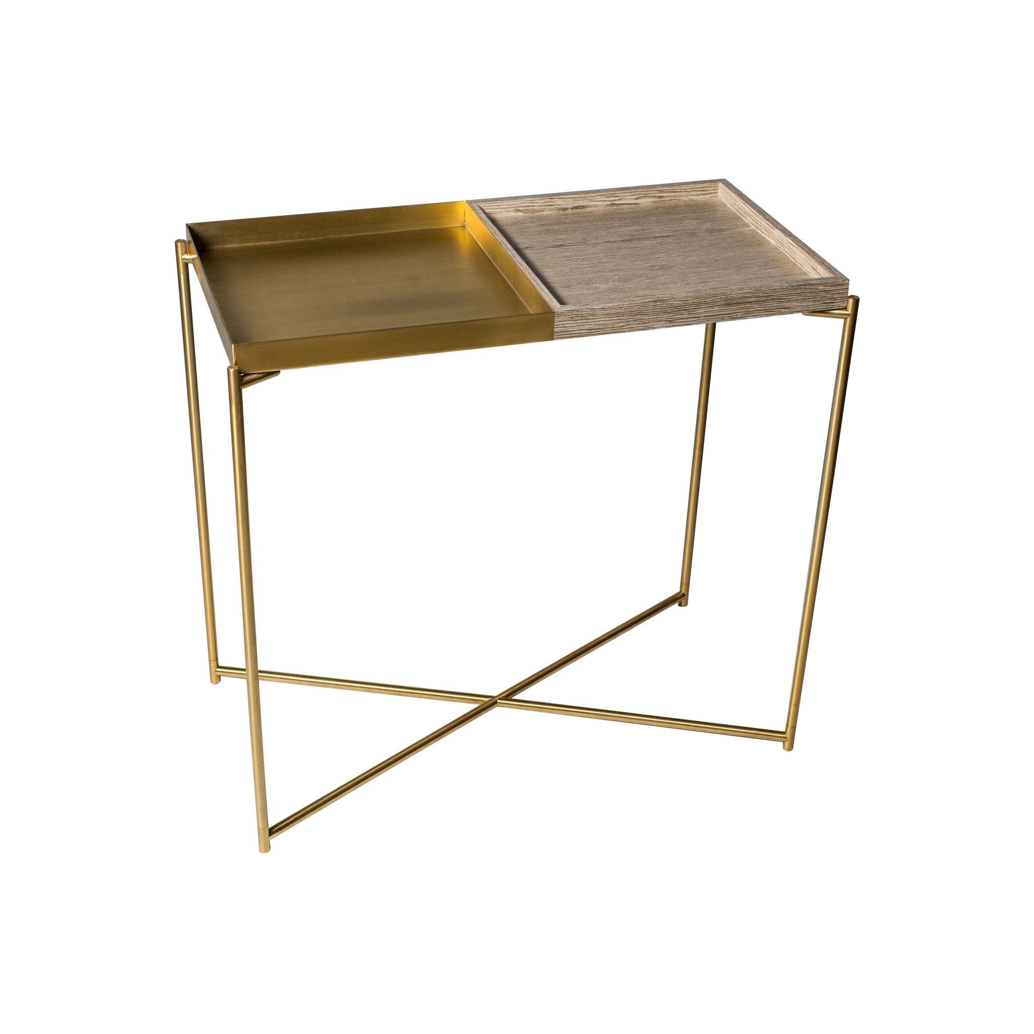 Iris Small Weathered Oak Console Table With Brass Tray Top & Brass Frame
