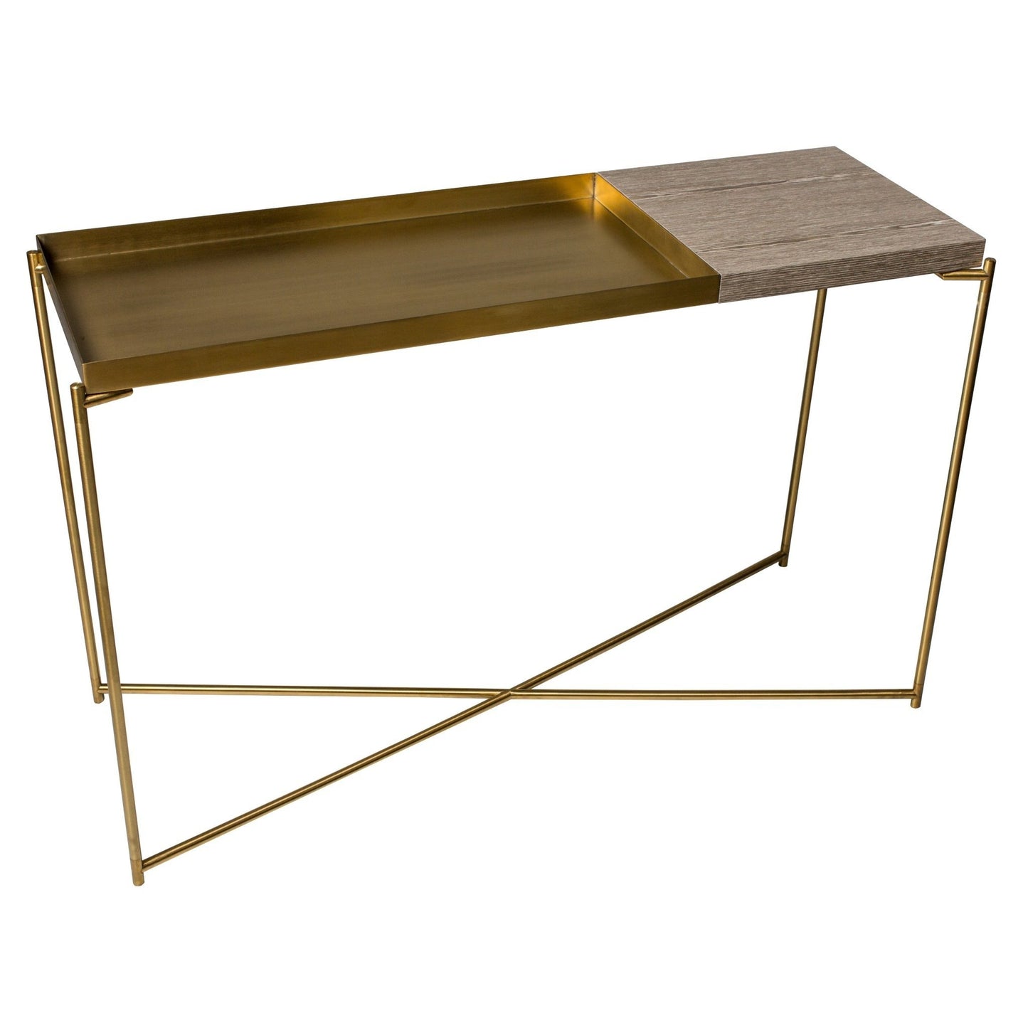 Iris Large Console Table With Large Tray Top - Small Weathered Oak Top & Brass Tray, Brass Frame