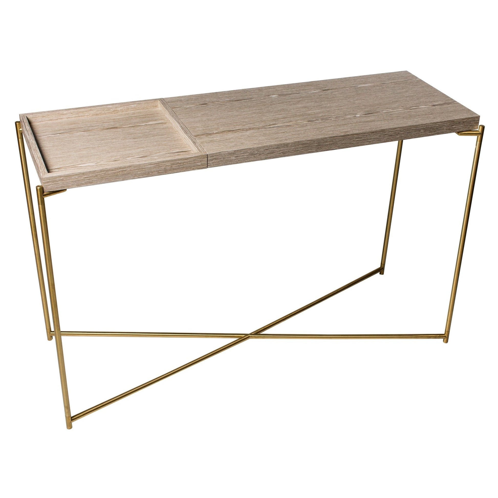 Iris Large Console Table - Weathered Oak Plain Top & Small Tray, Brass Frame
