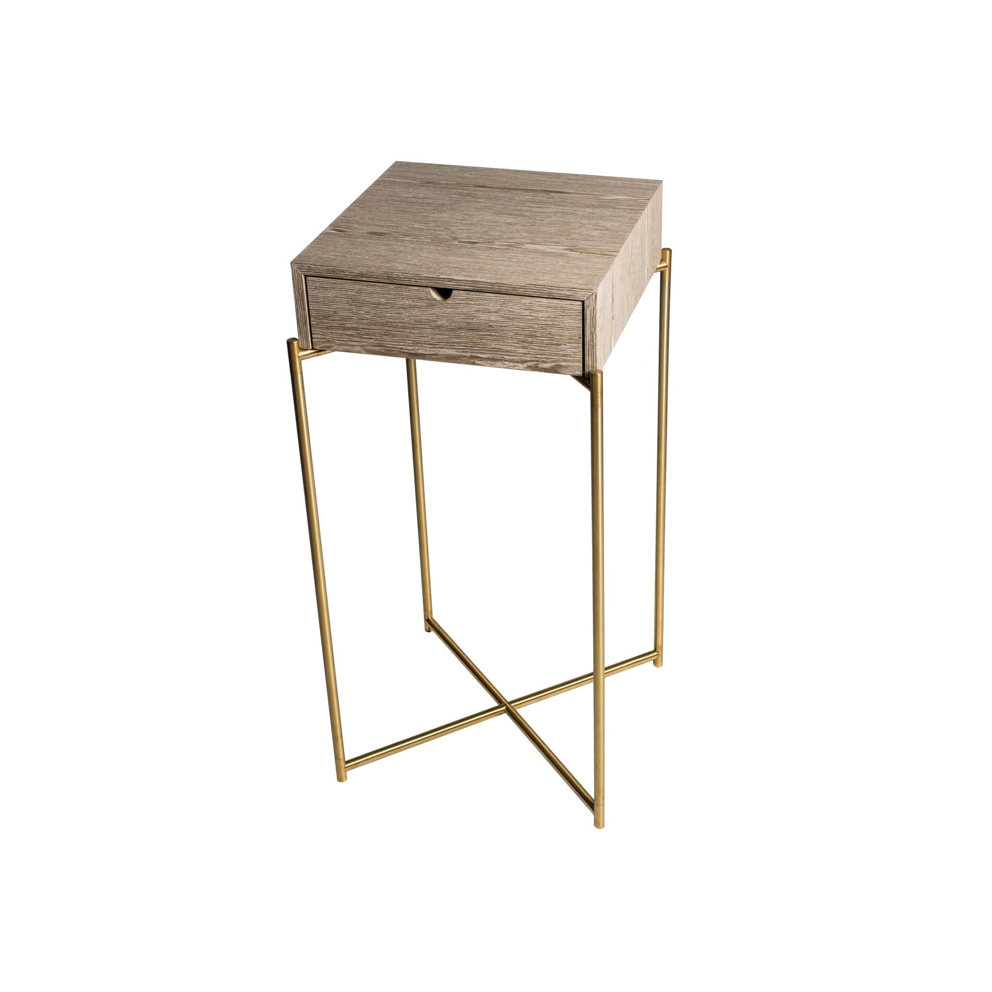 Iris Square Plant Stand With Drawer - Weathered Oak Drawer Top & Brass Frame