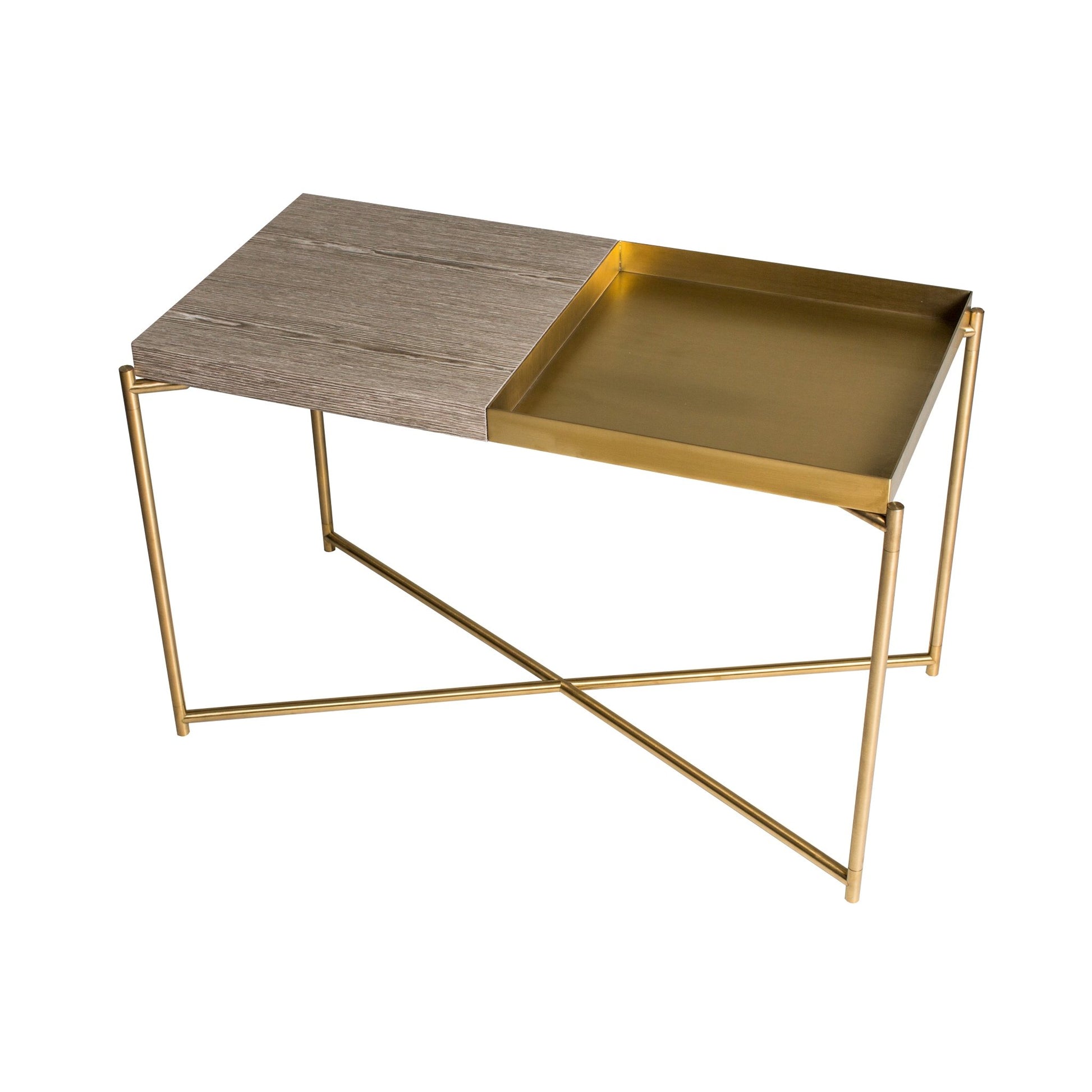 Iris Rectangular Top Side Table - Weathered Oak Plain Top & Brass Tray, Brass Frame