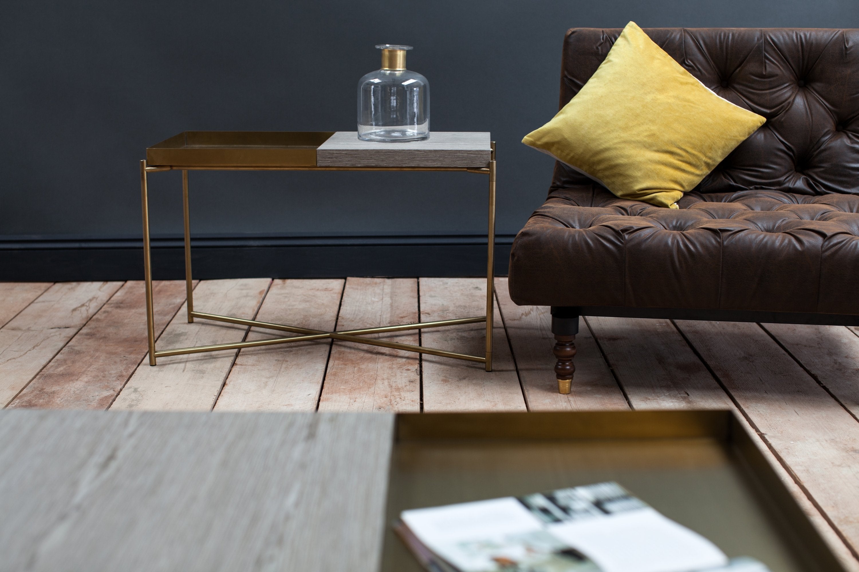 Iris Small Console Table - Weathered Oak Plain Top & Brass Tray, Brass Frame