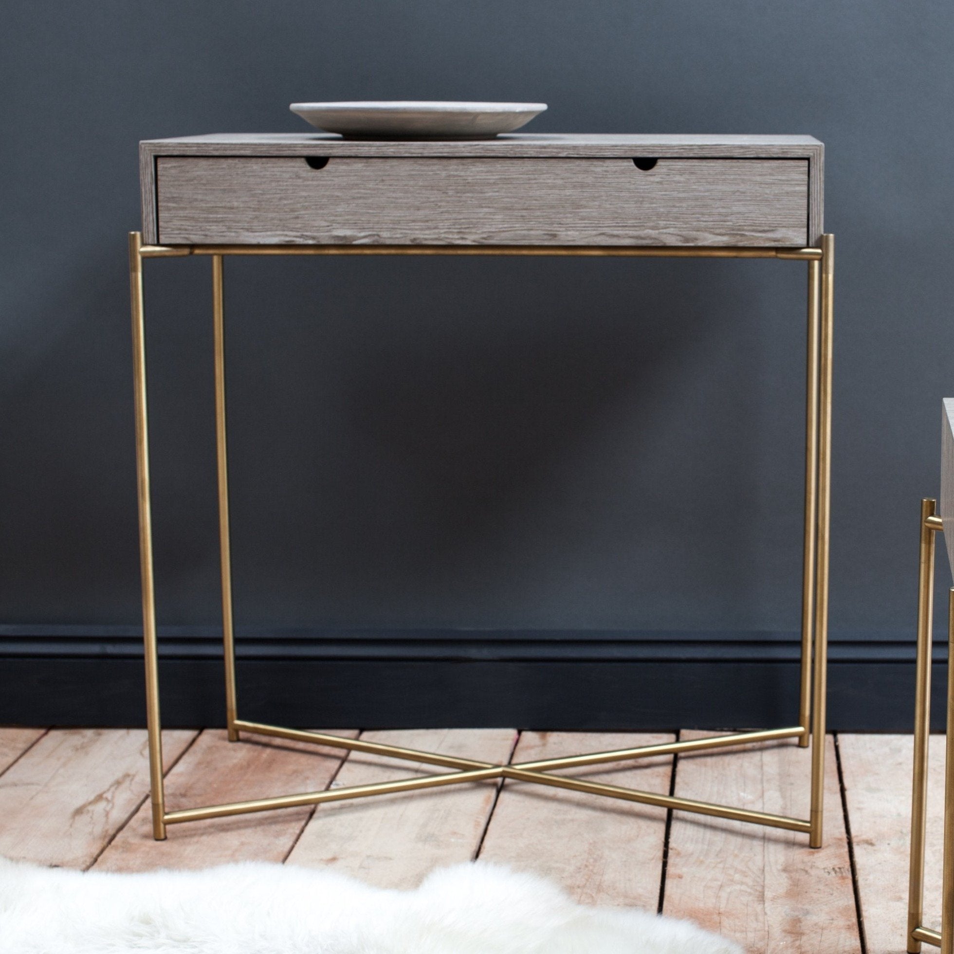 Iris Small Weathered Oak Console Table With Drawer & Brass Frame