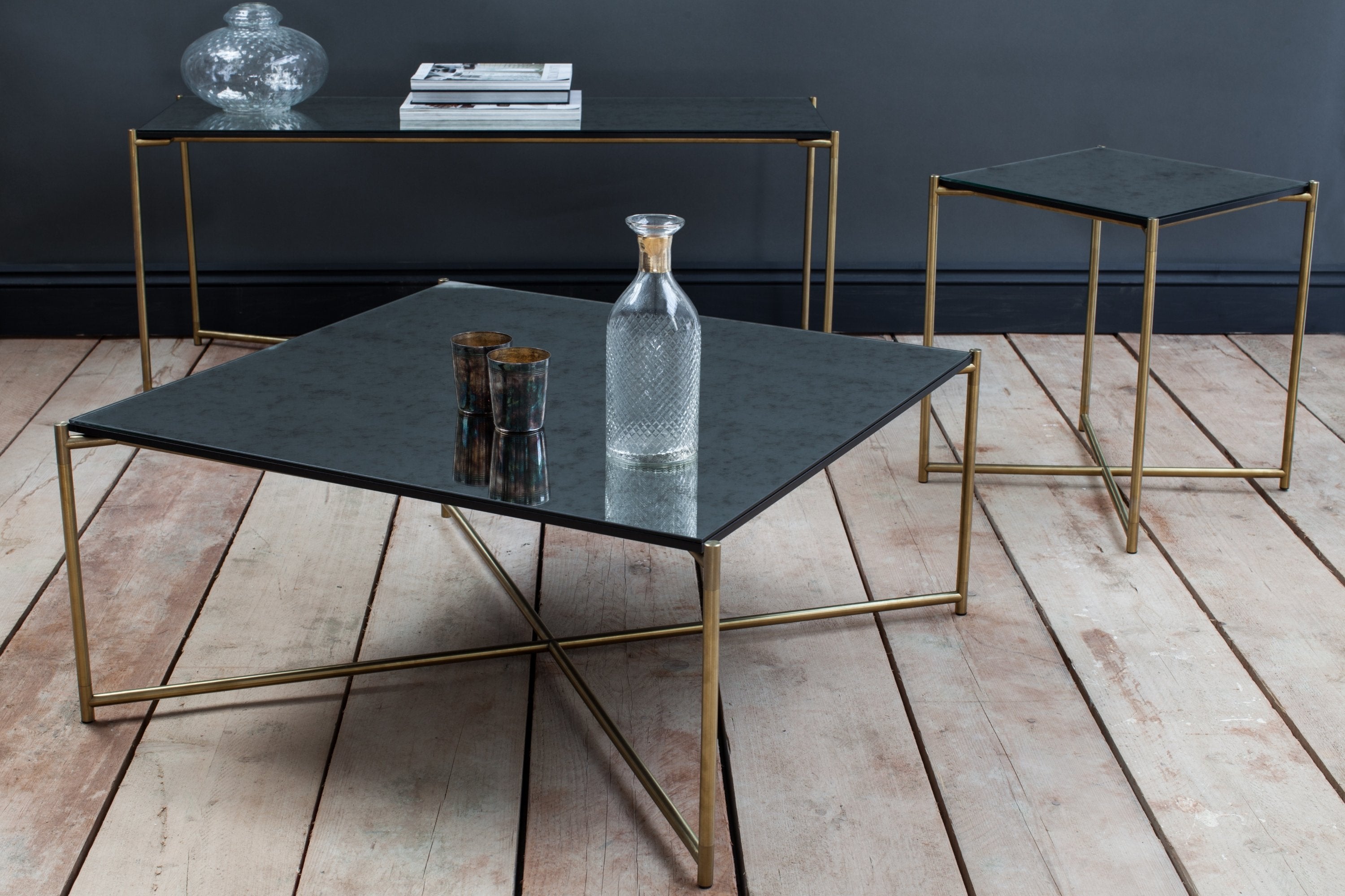 Iris Small Console Table - Antiqued Glass & Brass Frame