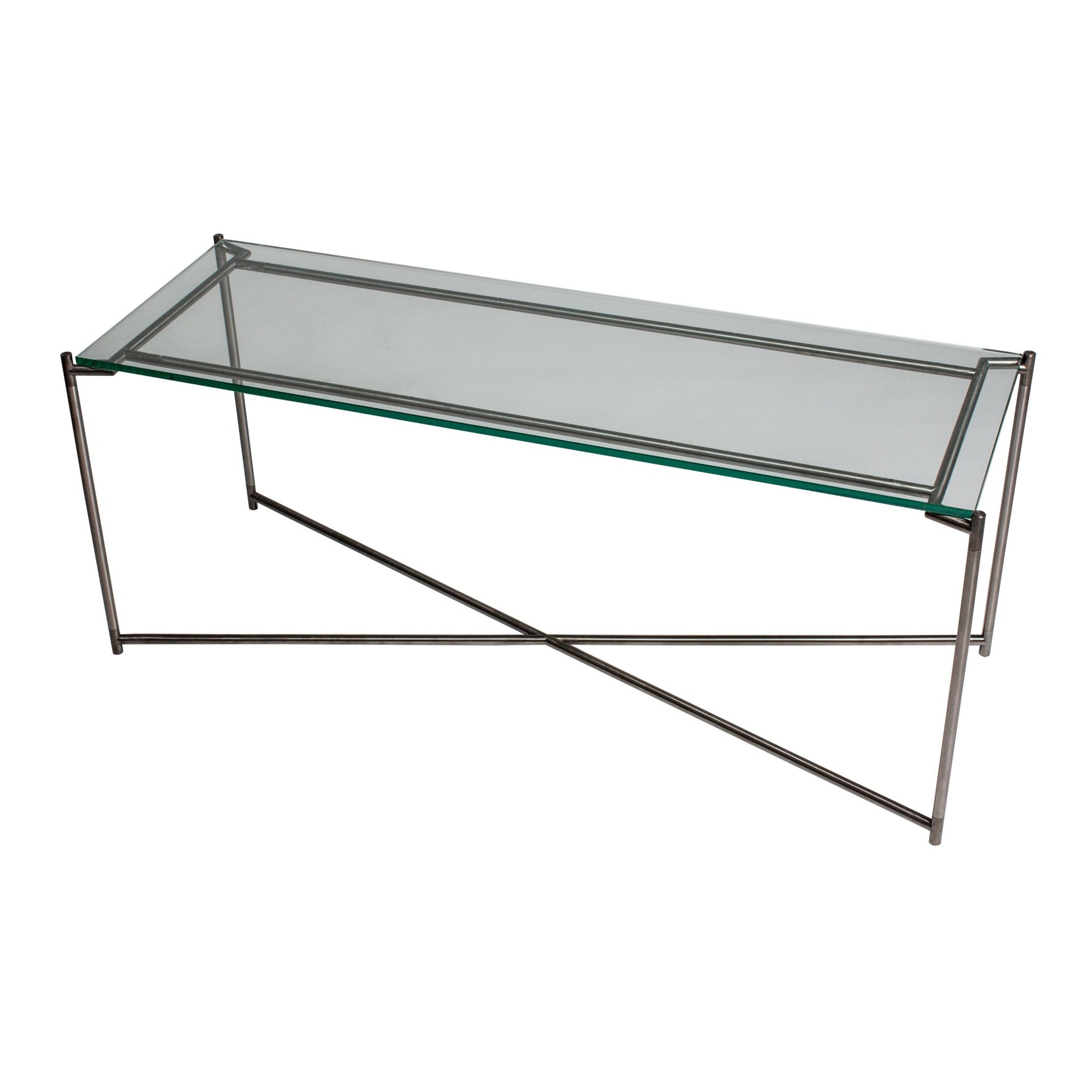 Iris Large TV Stand - Clear Glass Top & Gun Metal Frame