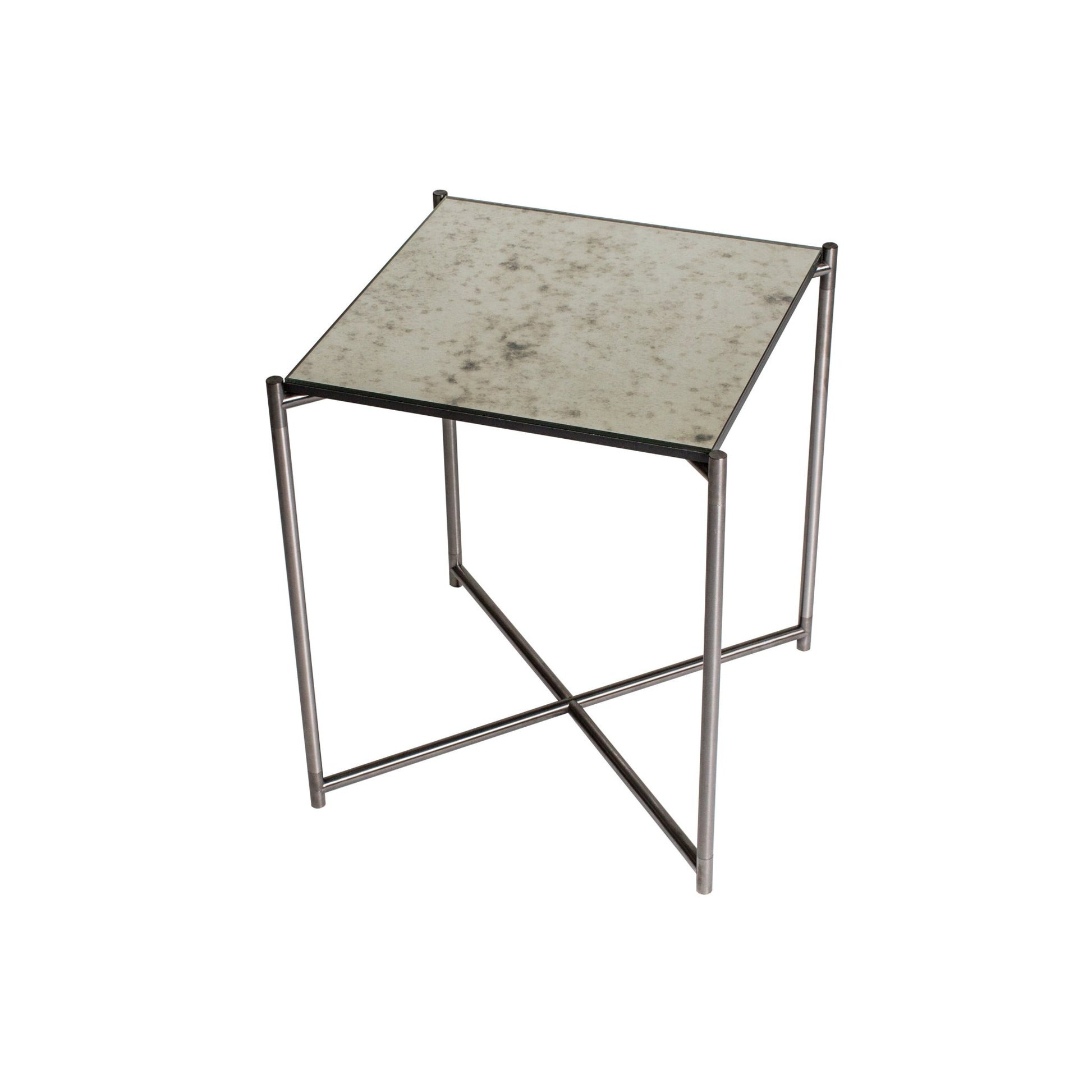 Iris Square Side Table - Antiqued Glass Top & Gun Metal Frame