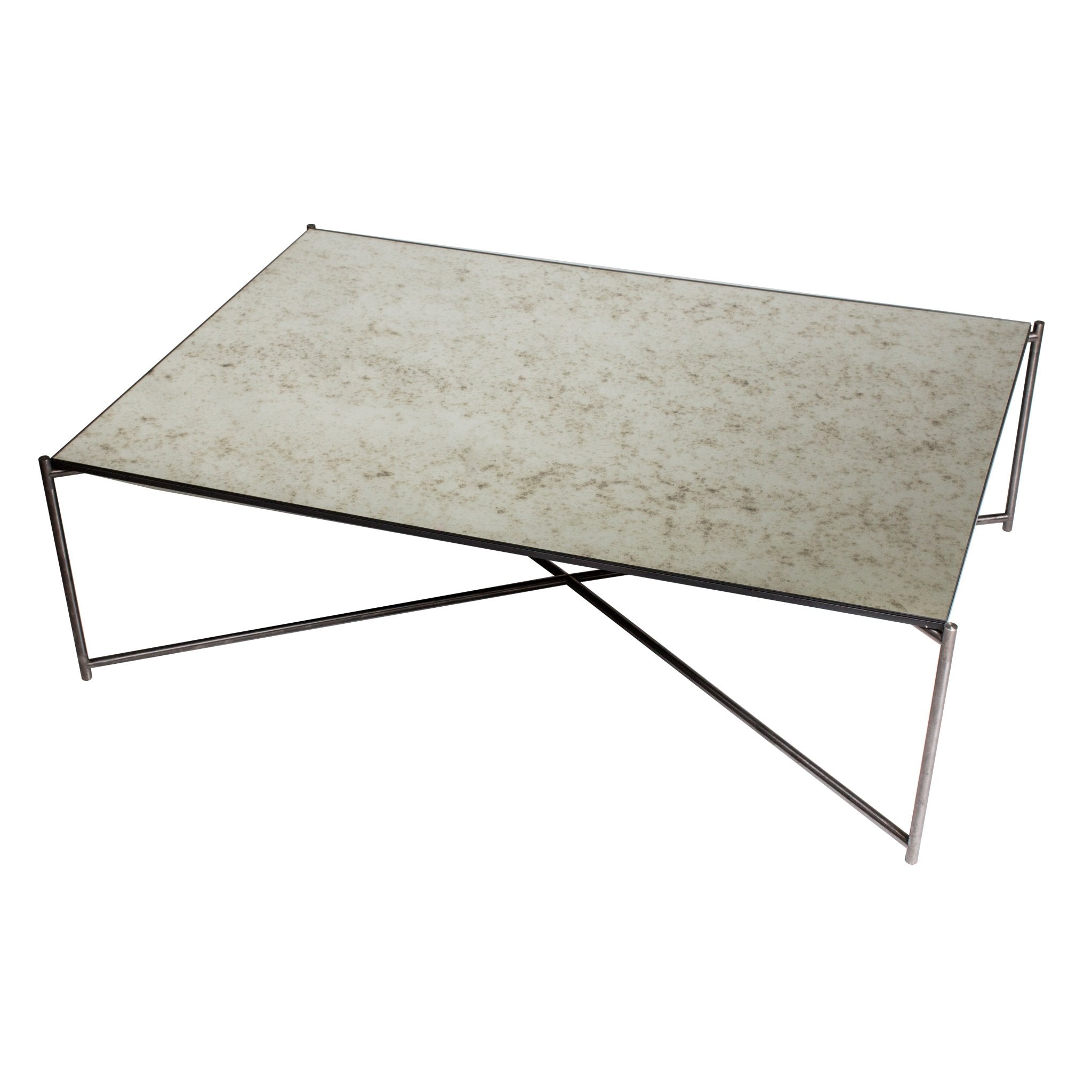 Iris Rectangular Coffee Table - Antiqued Glass Top & Gun Metal Frame