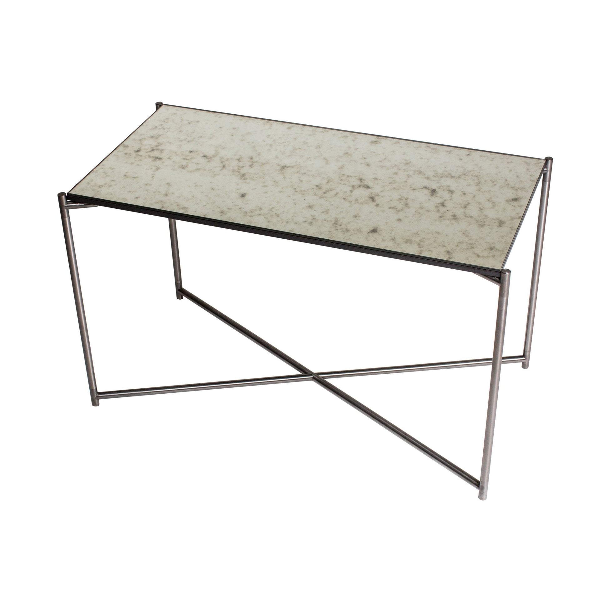 Iris Rectangular Side Table - Antiqued Glass Top & Gun Metal Frame