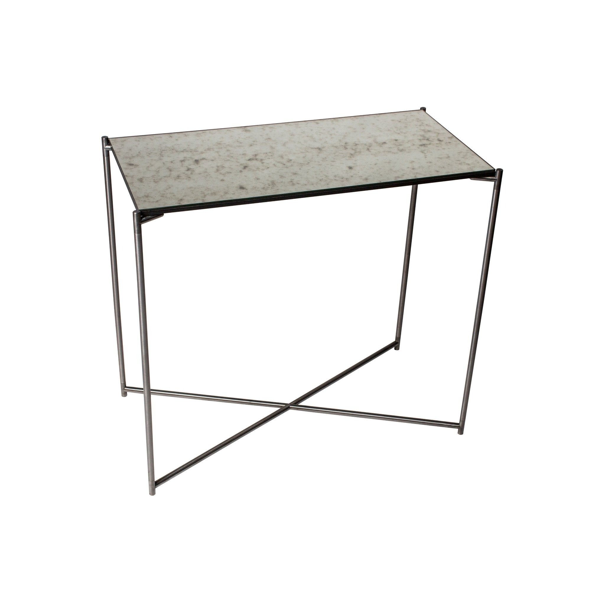 Iris Small Console Table - Antiqued Glass Top & Gun Metal Frame