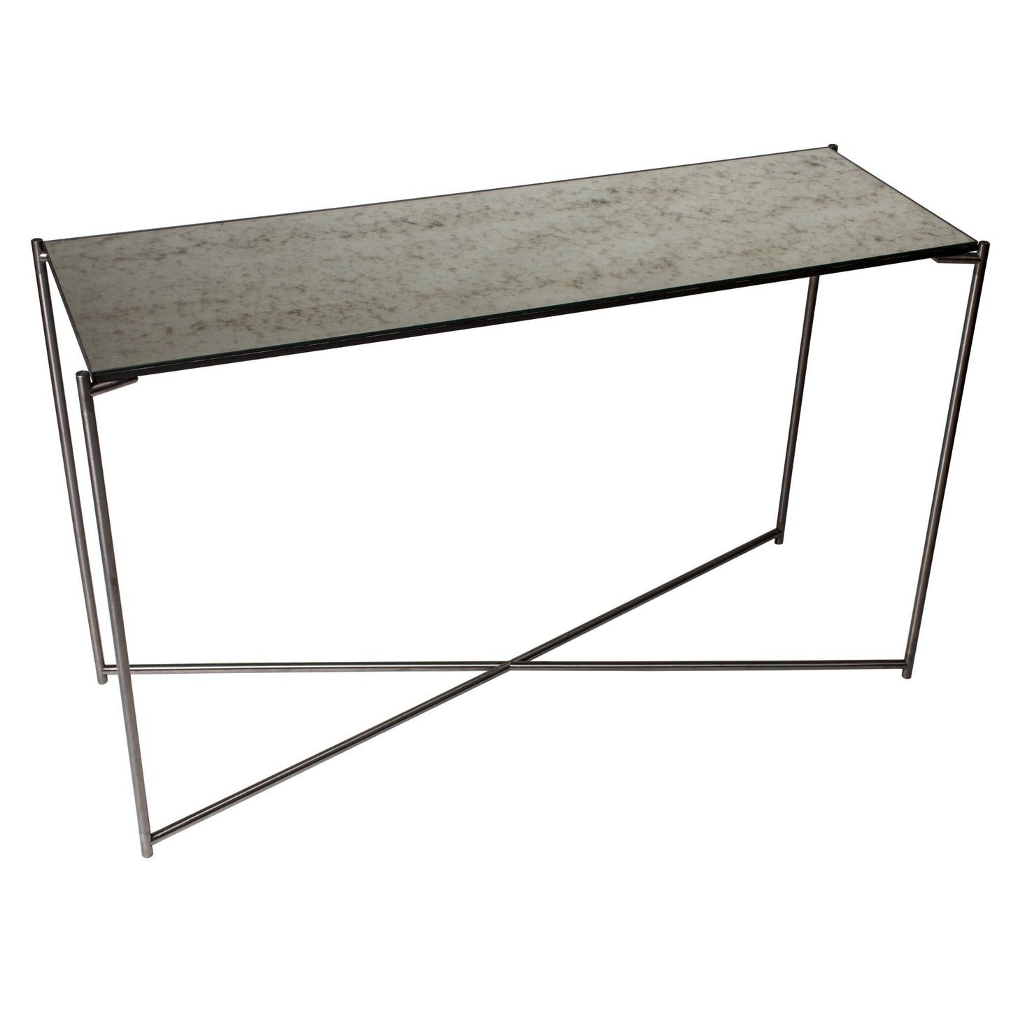 Iris Antiqued Glass Console Table With Gun Metal Frame