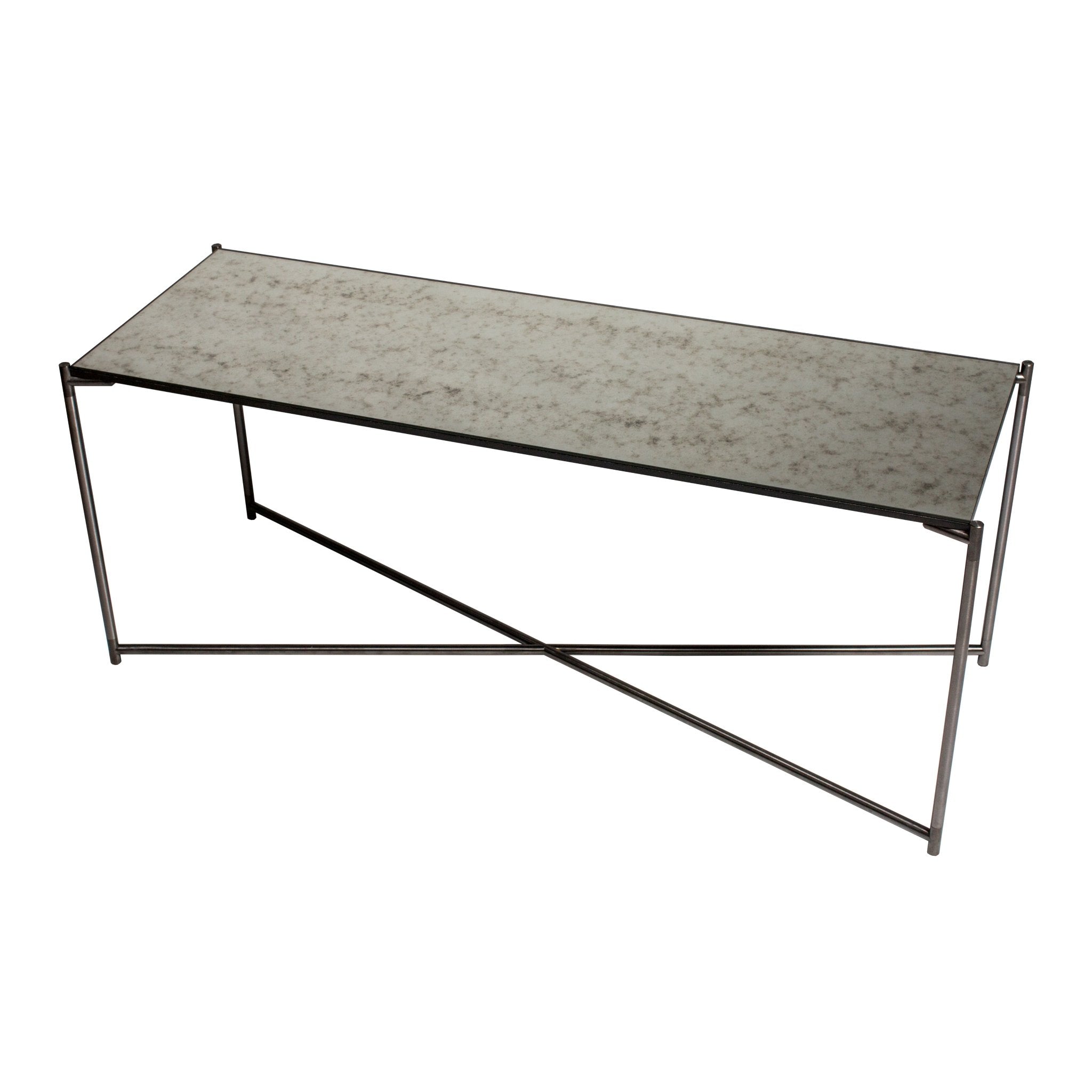 Iris Large TV Stand - Antiqued Glass Top & Gun Metal Frame