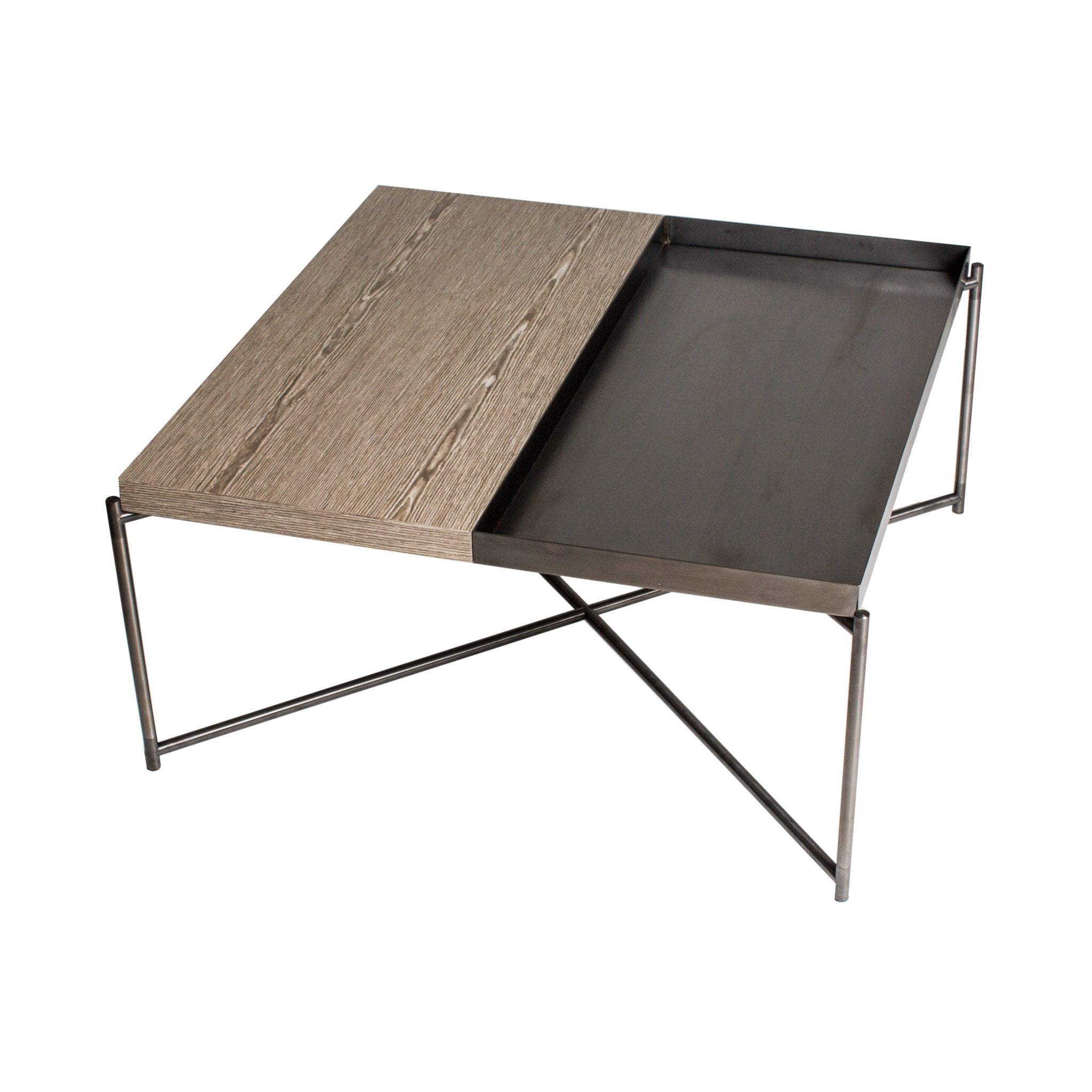 Iris Square Coffee Table With Tray Top - Weathered Oak Top & Gun Metal Tray, Gun Metal Frame
