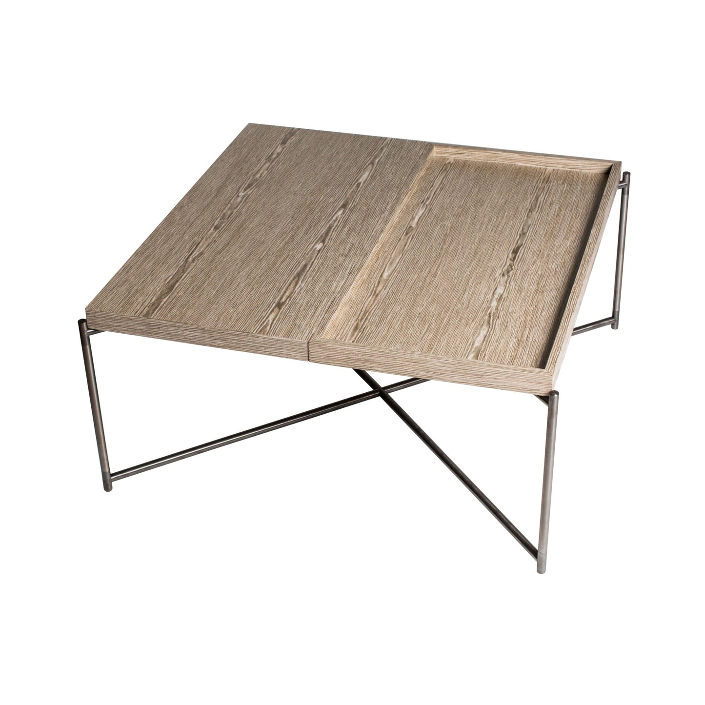 Iris Square Coffee Table With Tray Top - Weathered Oak Plain & Tray Tops, Gun Metal Frame