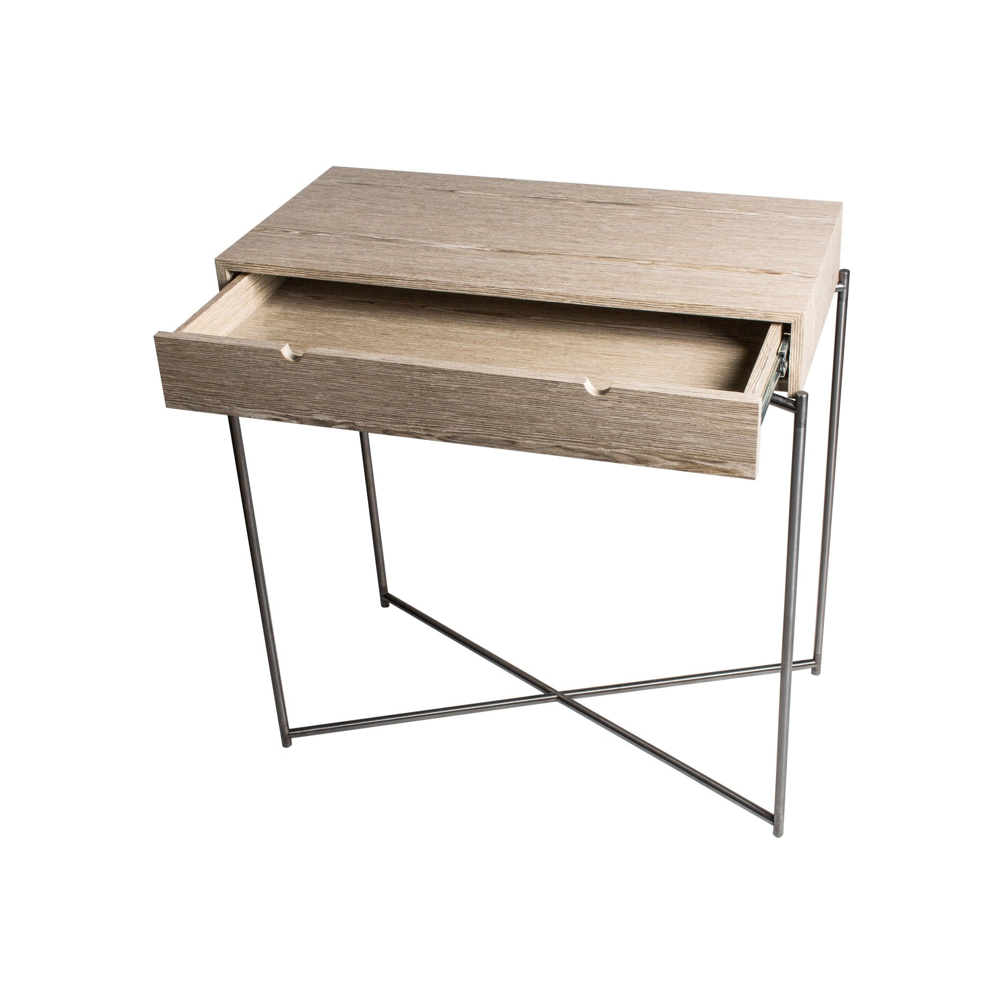 Iris Small Weathered Oak Console Table With Drawer & Gun Metal Frame