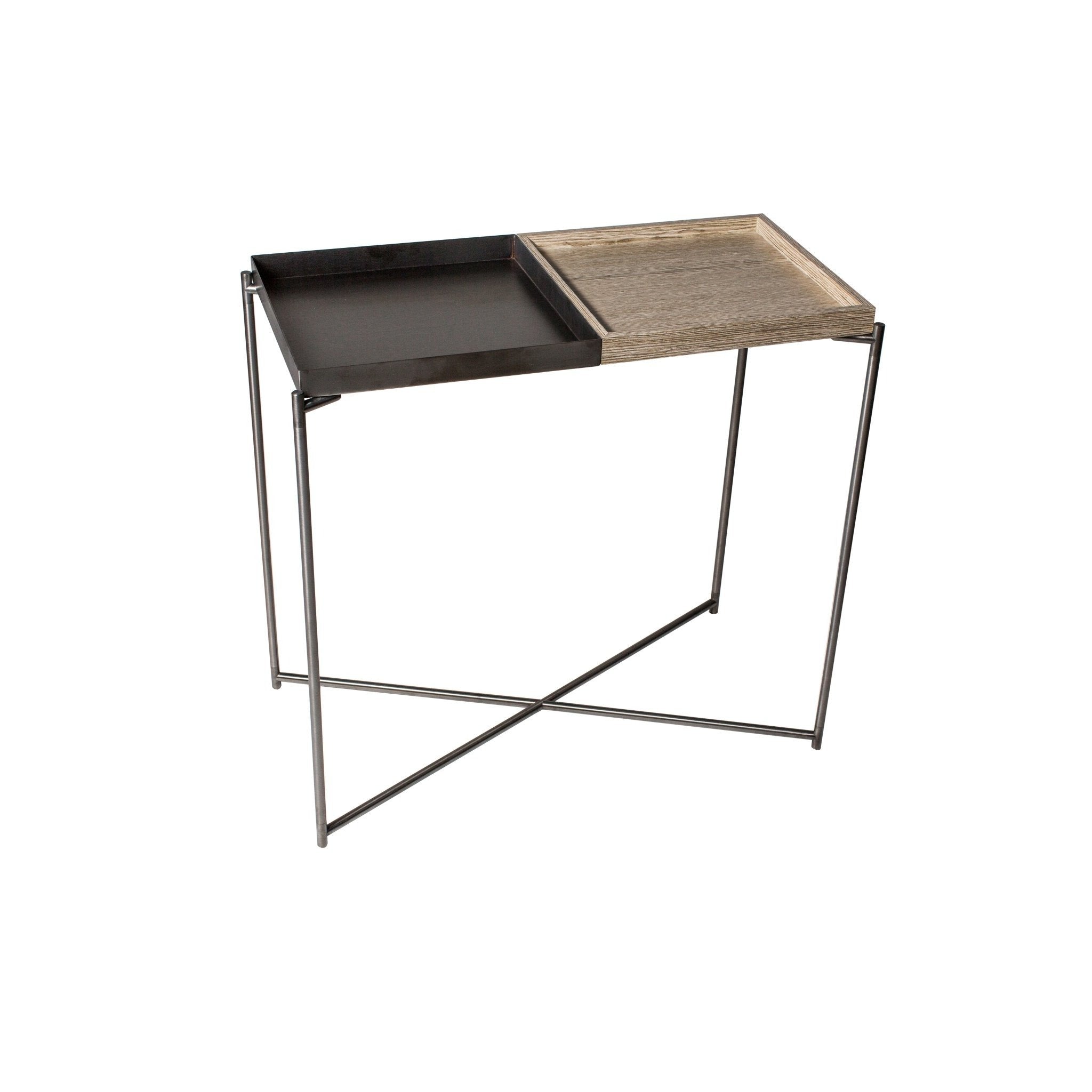 Iris Small Console Table With Weathered Oak & Gunmetal Tray, Gun Metal Frame