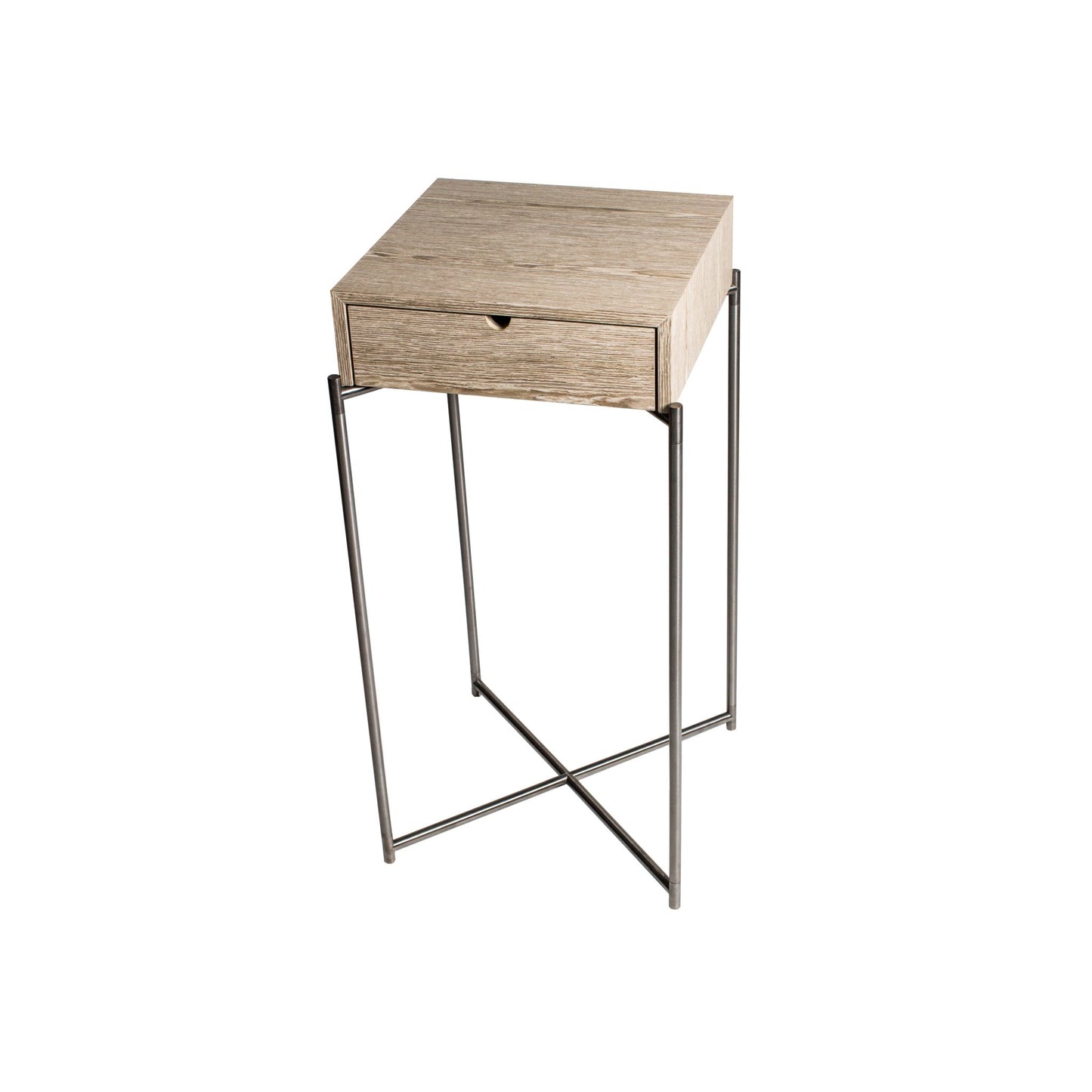 Iris Square Plant Stand With Drawer - Weathered Oak Drawer Top & Gun Metal Frame