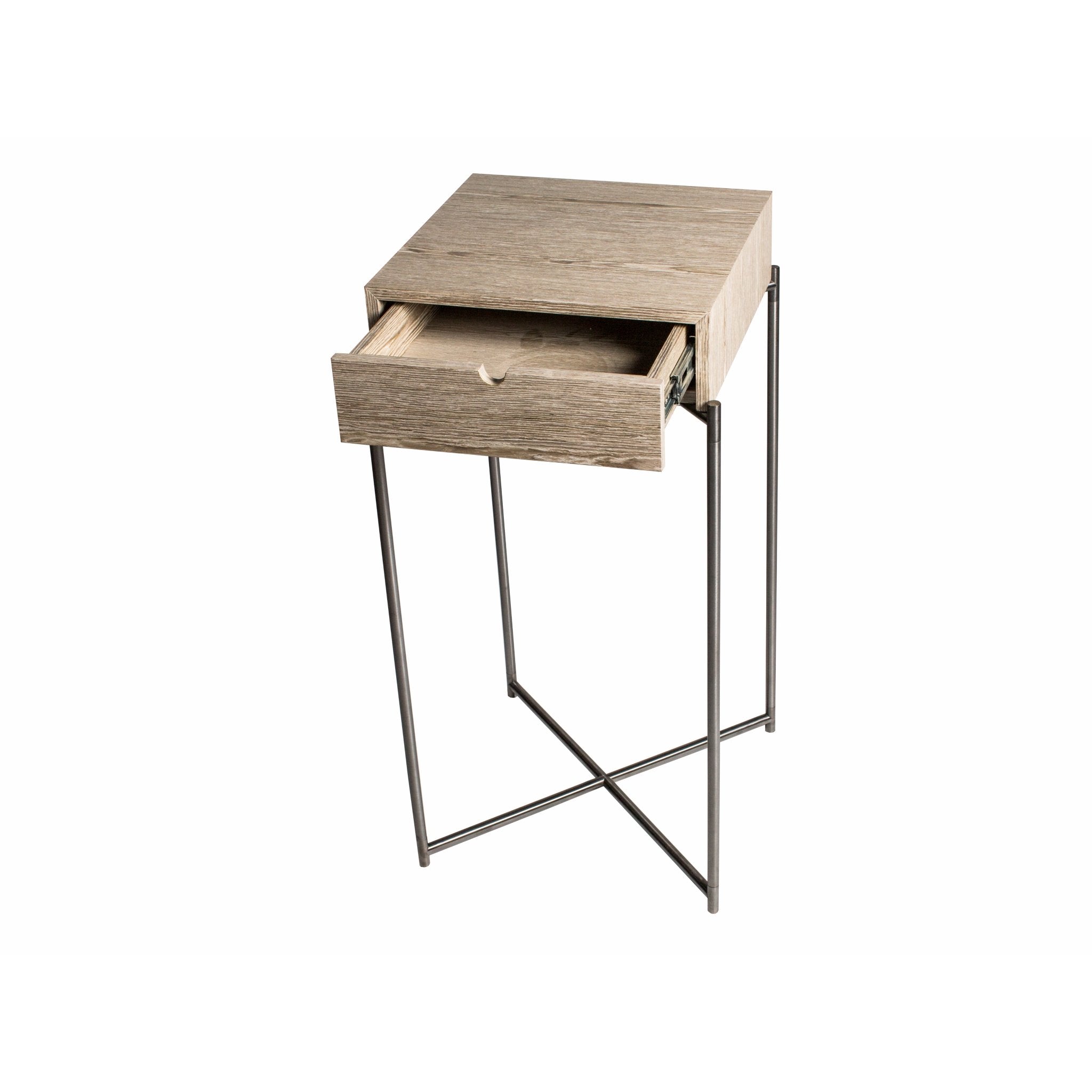 Iris Square Plant Stand With Drawer - Weathered Oak Drawer Top & Gun Metal Frame