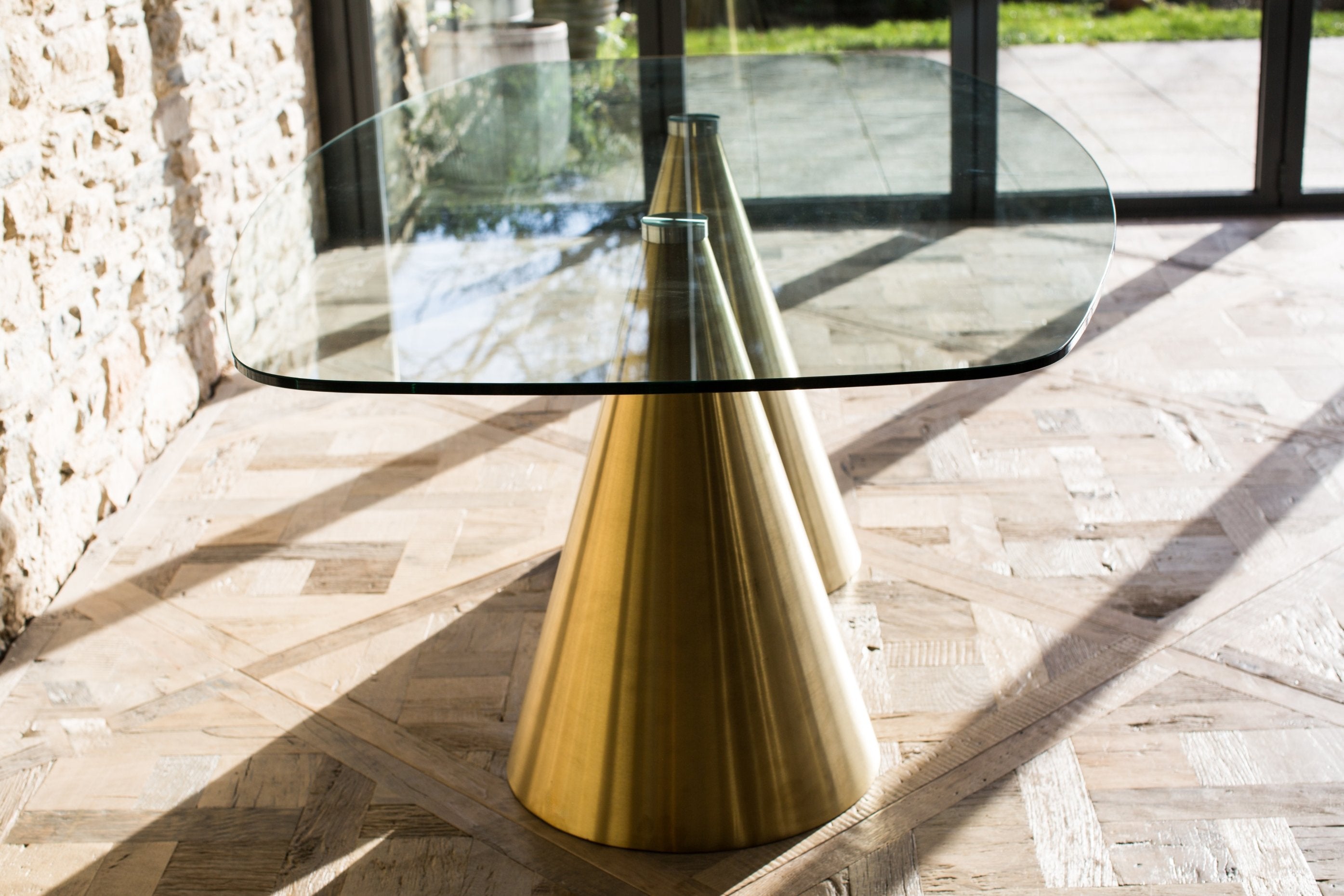 Oscar Long Large Rectangular Dining Table - Clear Glass Top & Twin Brass Bases