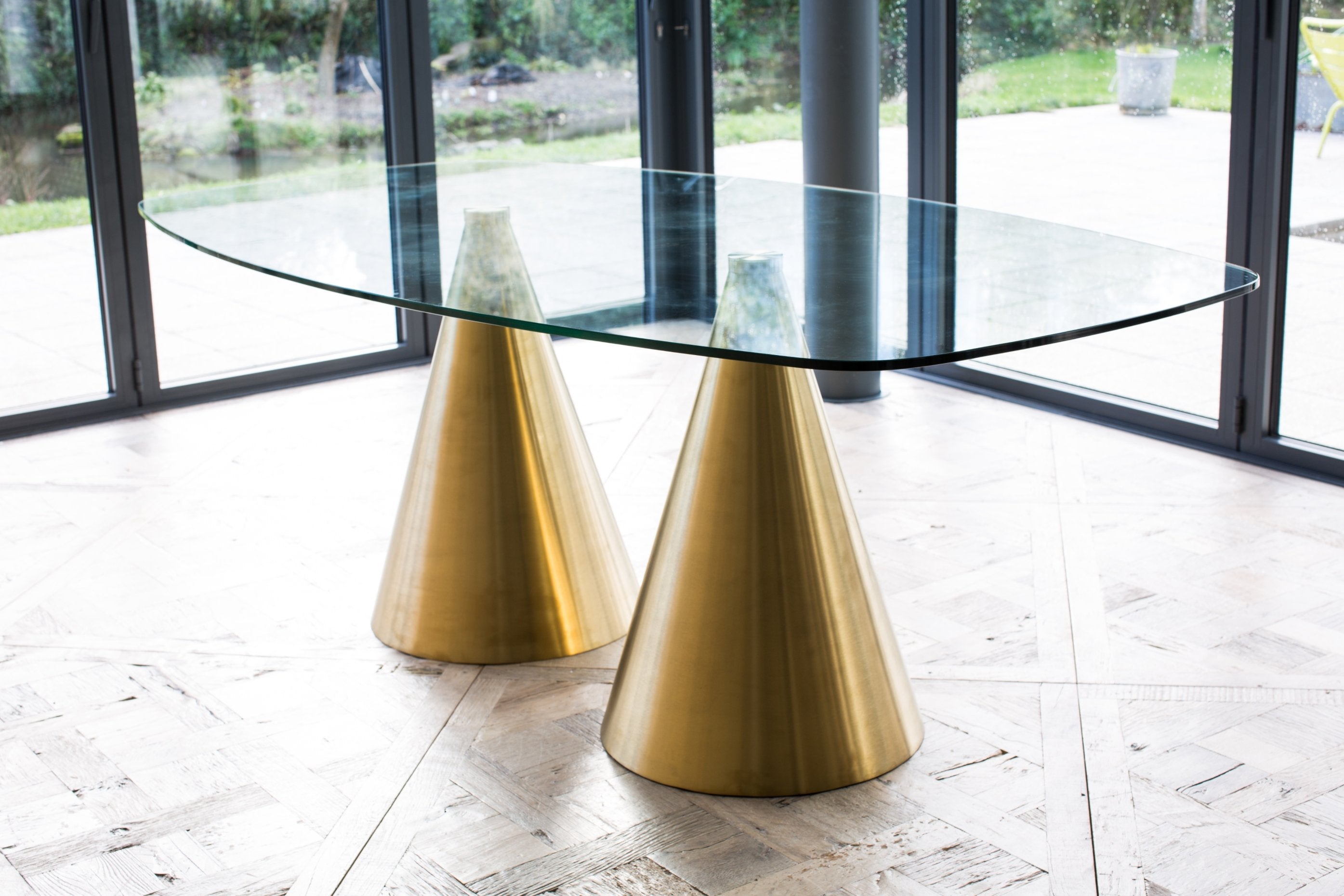 Oscar Long Large Rectangular Dining Table - Clear Glass Top & Twin Brass Bases