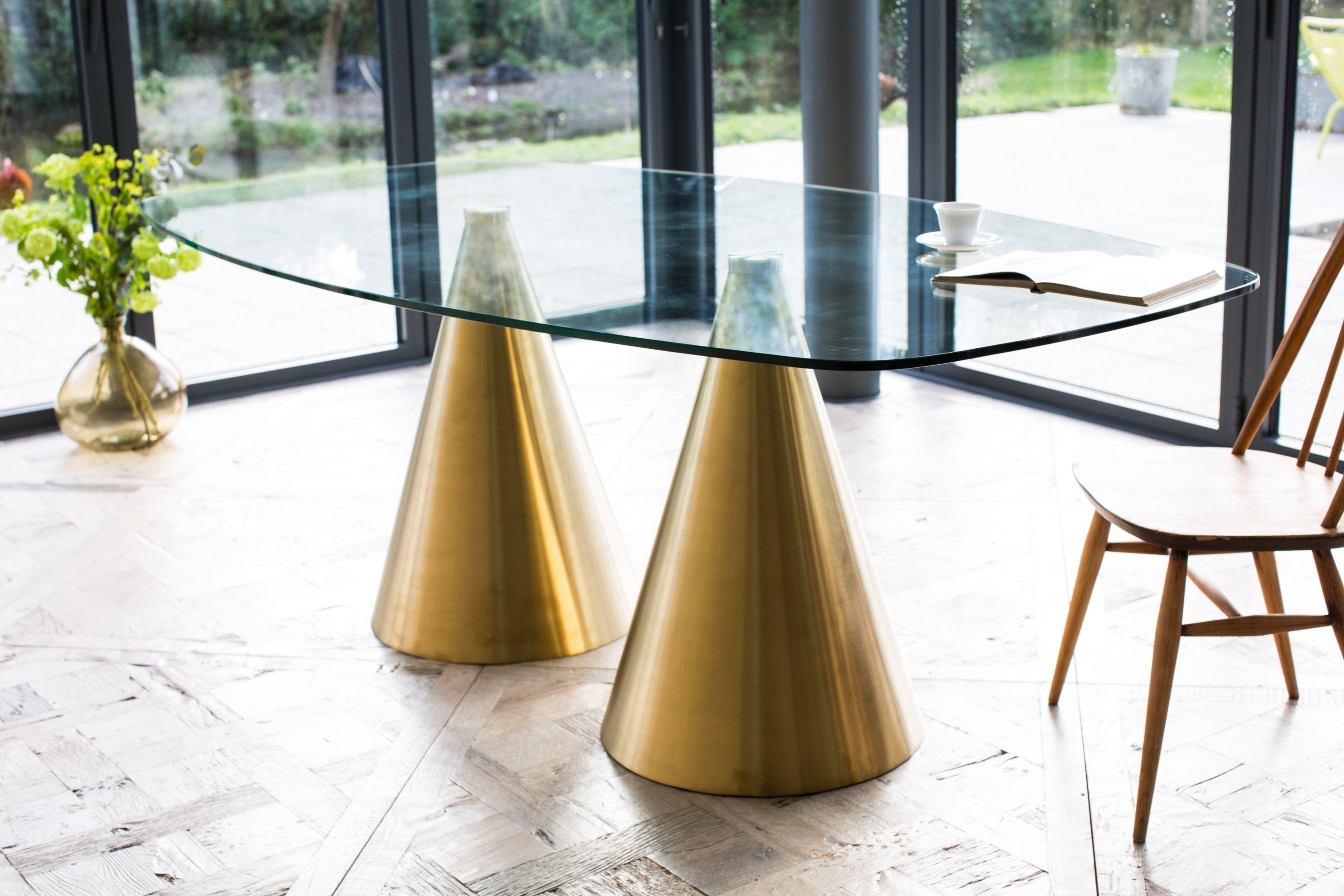 Oscar Long Large Rectangular Dining Table - Clear Glass Top & Twin Brass Bases