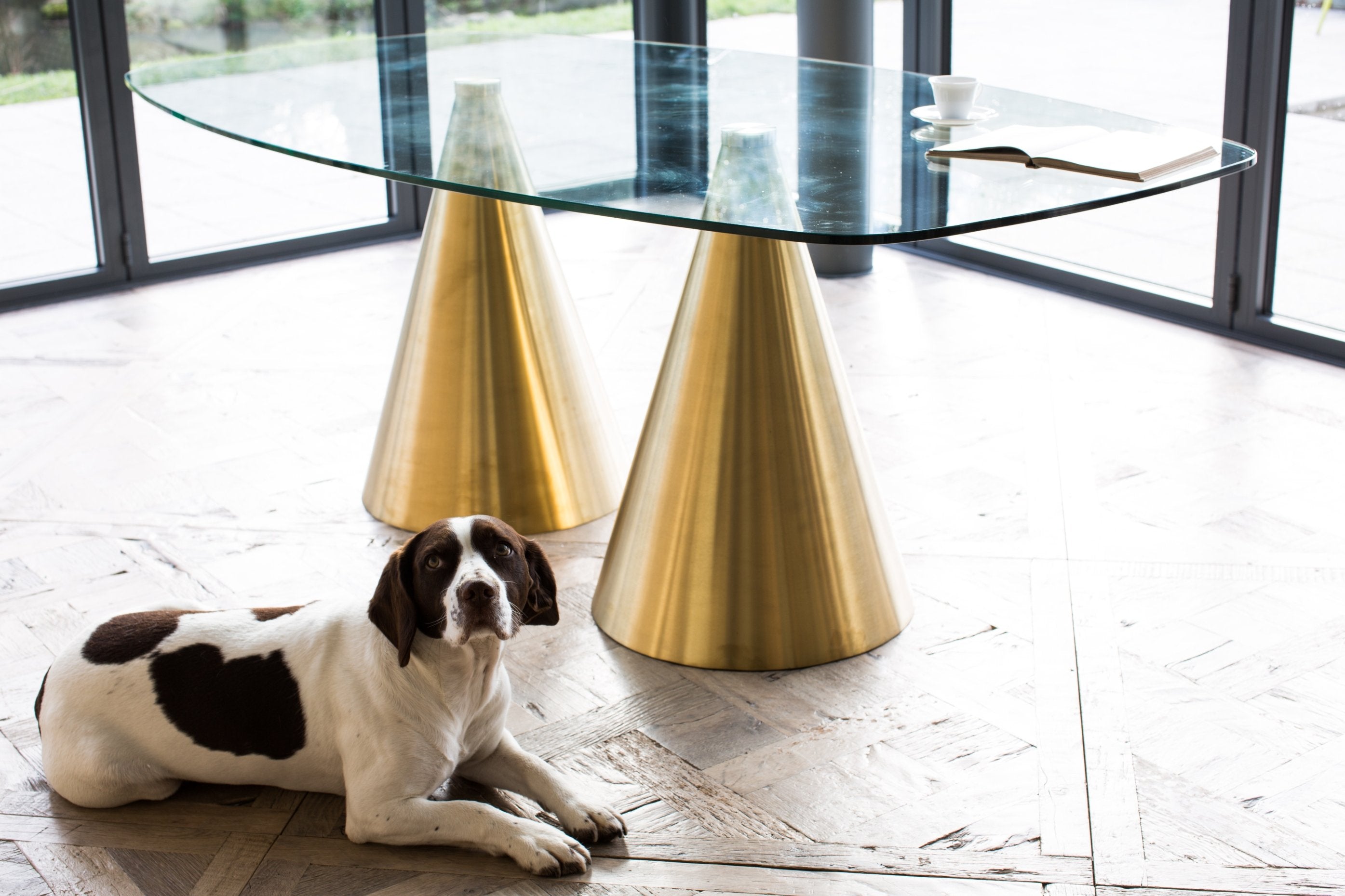 Oscar Long Large Rectangular Dining Table - Clear Glass Top & Twin Brass Bases