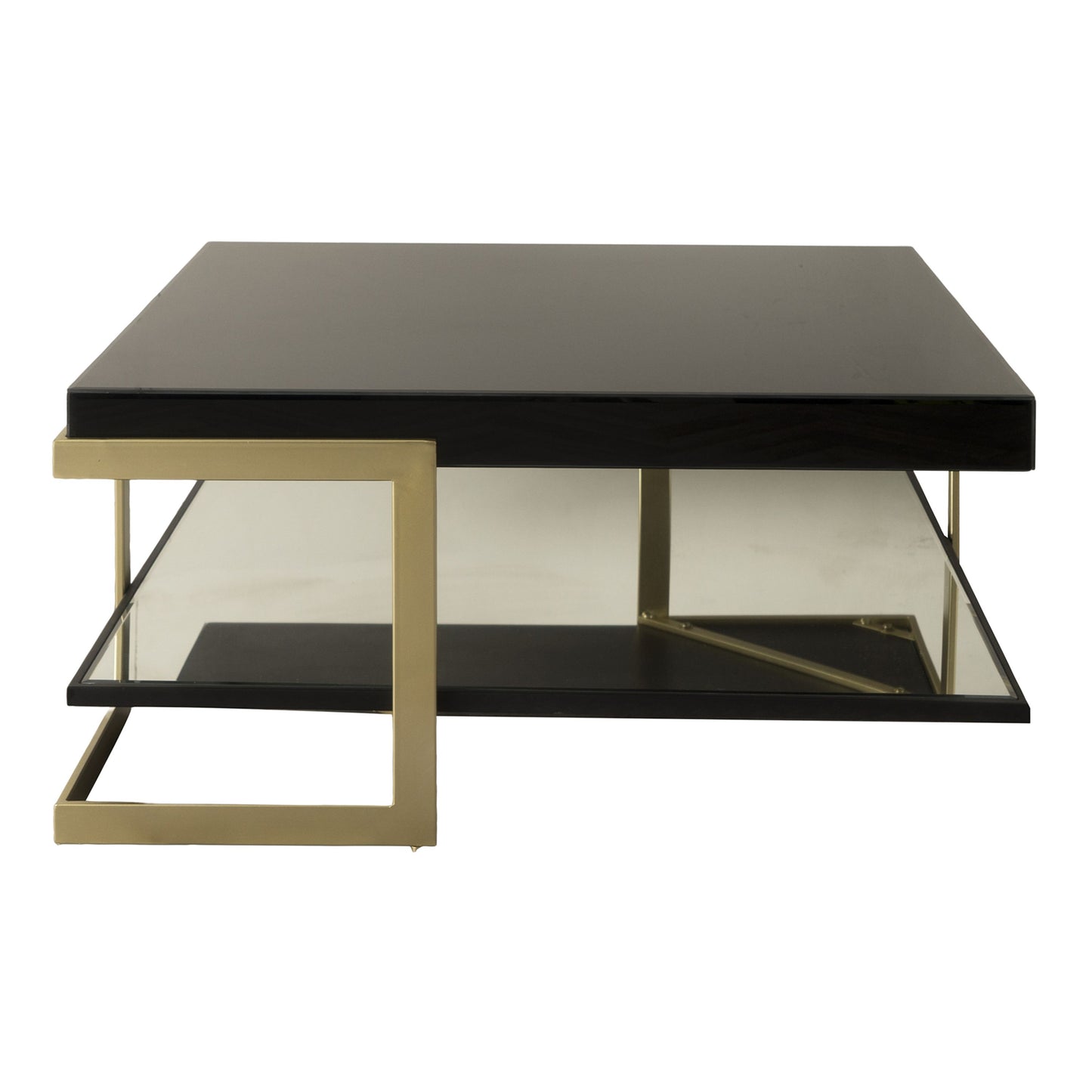 Black and gold coloured metal, wooden and glass square coffee table 