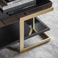 Zoomed view on finishes, surfaces of legs, top and shelf of the black and gold square coffee table
