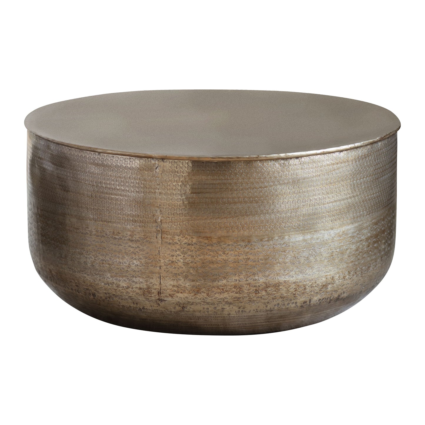 Brass coloured hand pressed metal round coffee table 